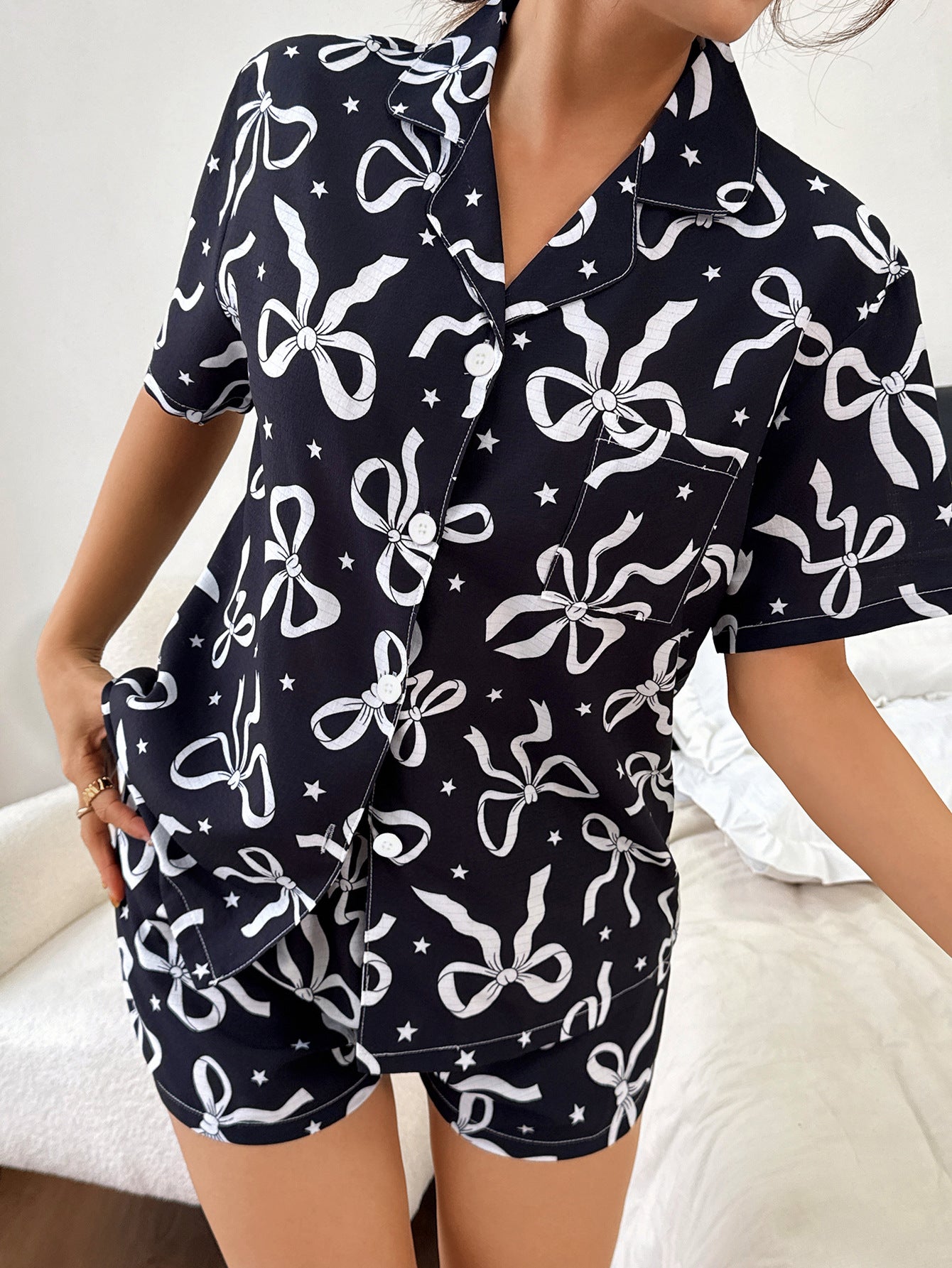 Amazon Cross border Wildberries European and American Women's Fashion Casual Pocket Shirt Sleepwear Home Clothes Set (3)