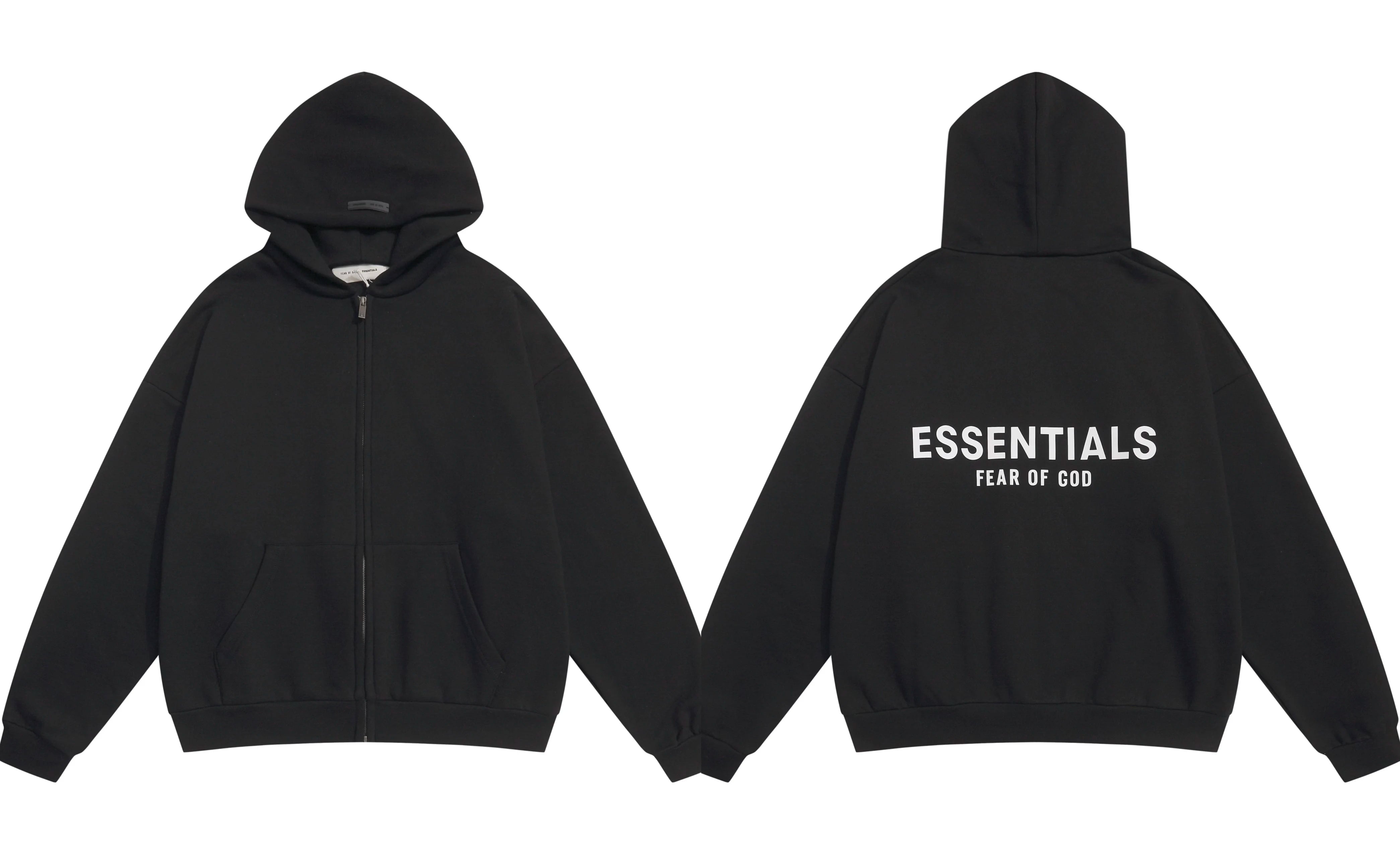 Fog Essentials Black Zip‑Up Hoodie, Contrast White Bold Back Logo Oversized Street‑Wear Jacket