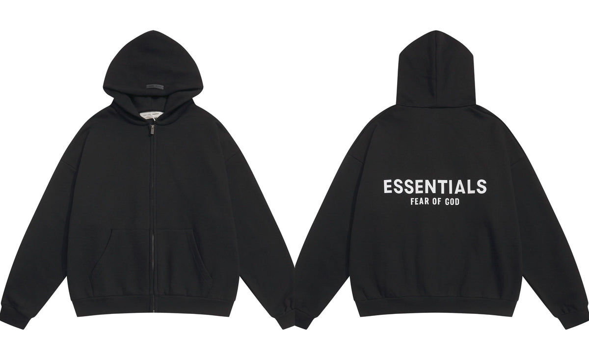 Fog Essentials Black Zip‑Up Hoodie, Contrast White Bold Back Logo Oversized Street‑Wear Jacket