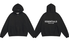 Fog Essentials Black Zip‑Up Hoodie, Contrast White Bold Back Logo Oversized Street‑Wear Jacket