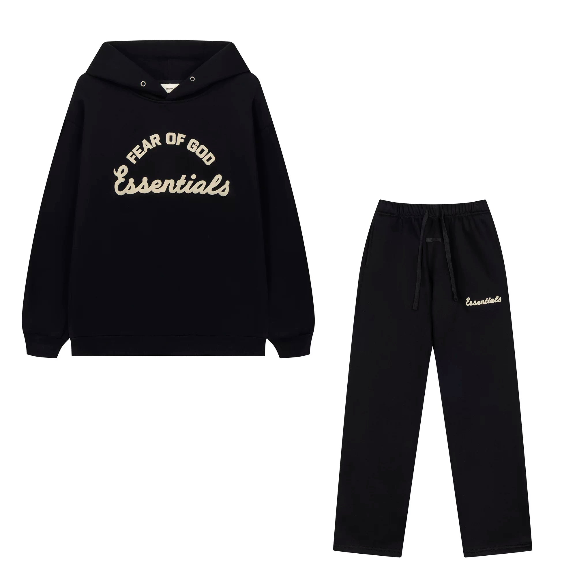 Fog Essentials Contrast‑Logo Black Hoodie & Straight‑Leg Sweatpants Unisex Street‑wear 2‑Piece Suit