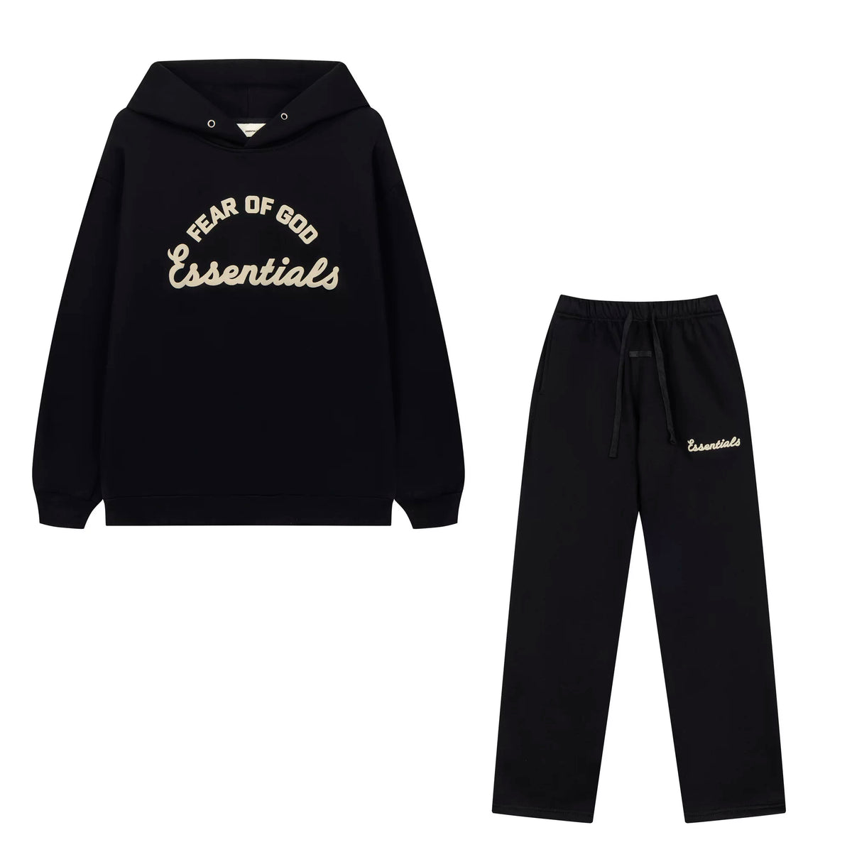 Fog Essentials Contrast‑Logo Black Hoodie & Straight‑Leg Sweatpants Unisex Street‑wear 2‑Piece Suit