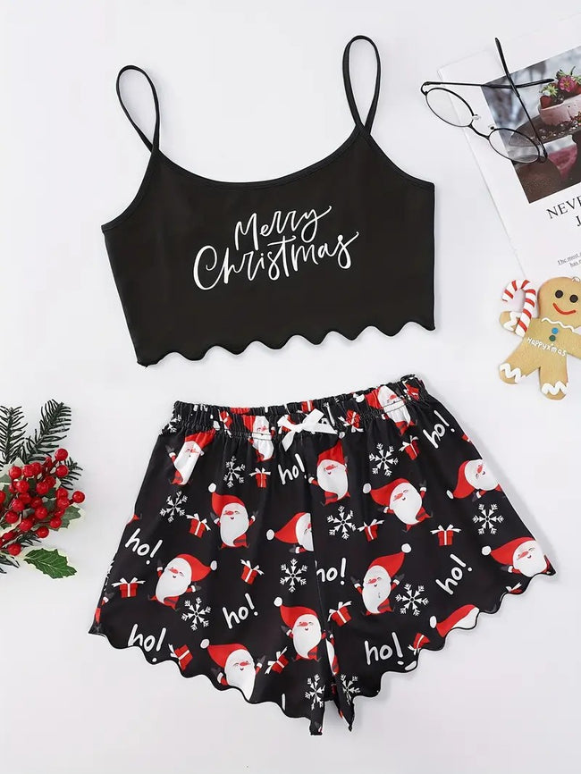 Festive Christmas Santa Claus Ruffle Shorts Pajamas Set Hover Image