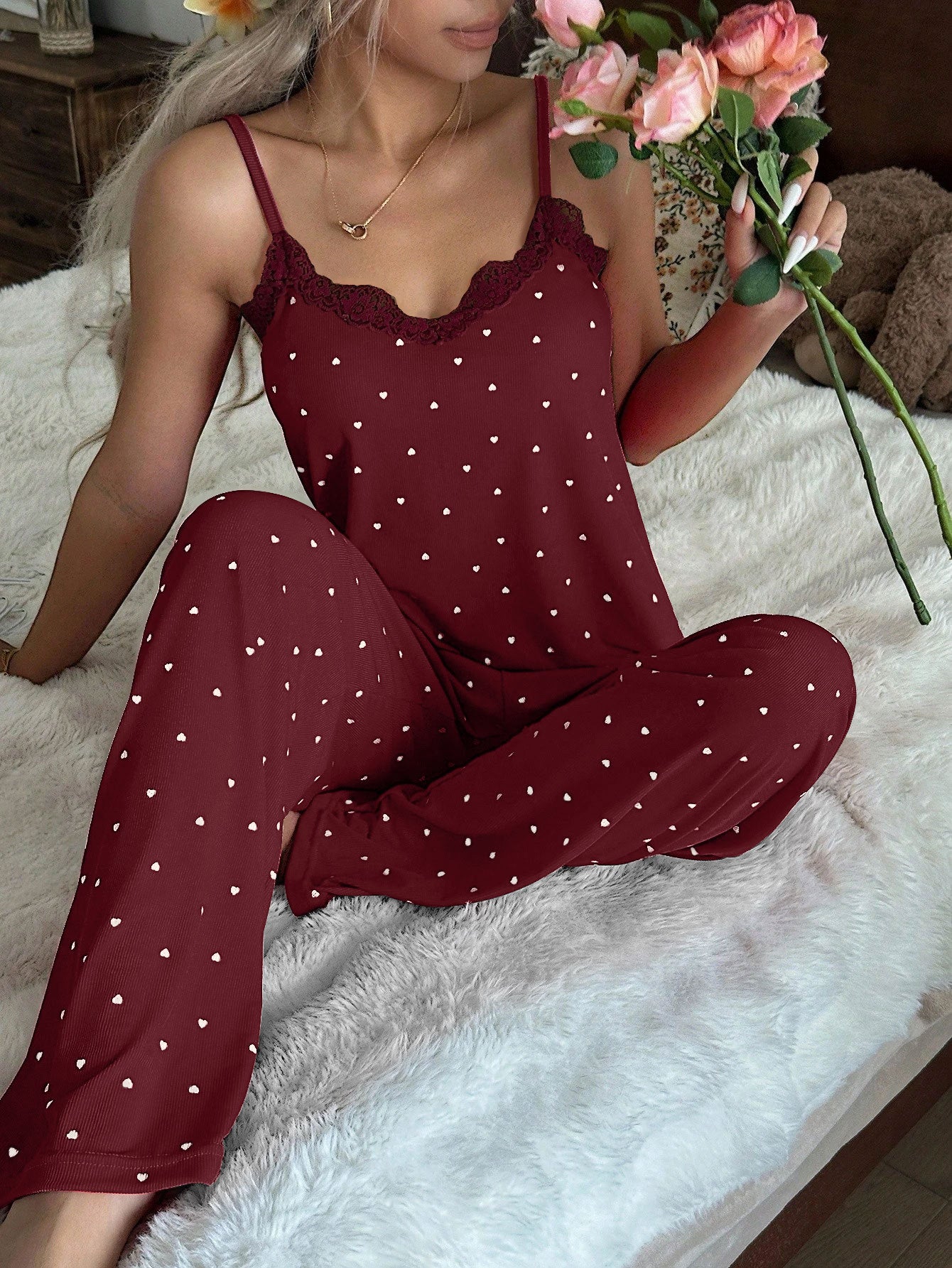 Coquette Aesthetic Burgundy Ribbed Pajamas - Lace Trim Cami & Wide-Leg Pants Set