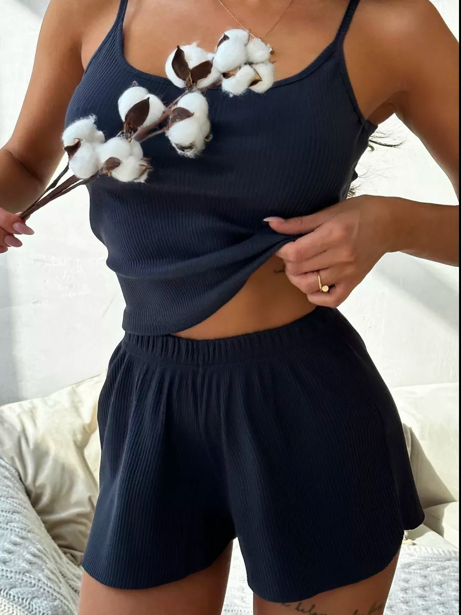 Cozy Summer Ribbed Knit Lounge Set - Crop Scoop Neck Camisole & Flare Booty Shorts