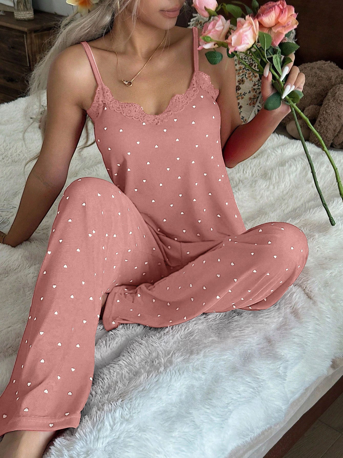 Coquette Aesthetic Burgundy Ribbed Pajamas - Lace Trim Cami & Wide-Leg Pants Set