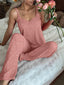 Coquette Aesthetic Burgundy Ribbed Pajamas - Lace Trim Cami & Wide-Leg Pants Set
