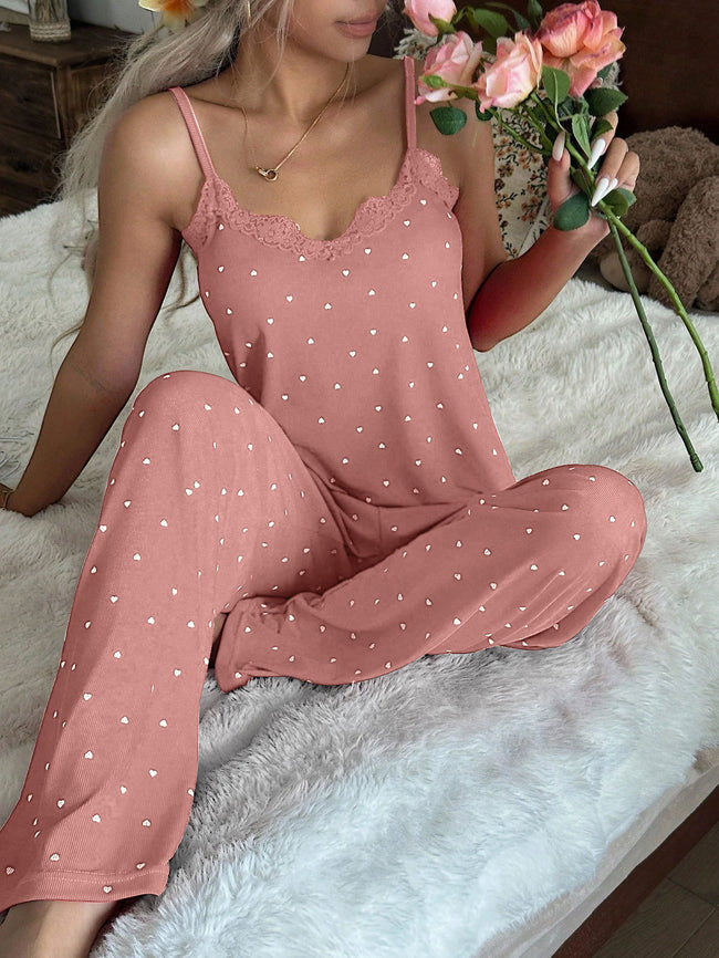 Coquette Aesthetic Burgundy Ribbed Pajamas - Lace Trim Cami & Wide-Leg Pants Set Hover Image