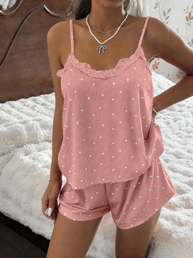 Romantic Navy Two-Piece Sleepwear - Ditsy Heart Print Loungewear Shorts Set Hover Image